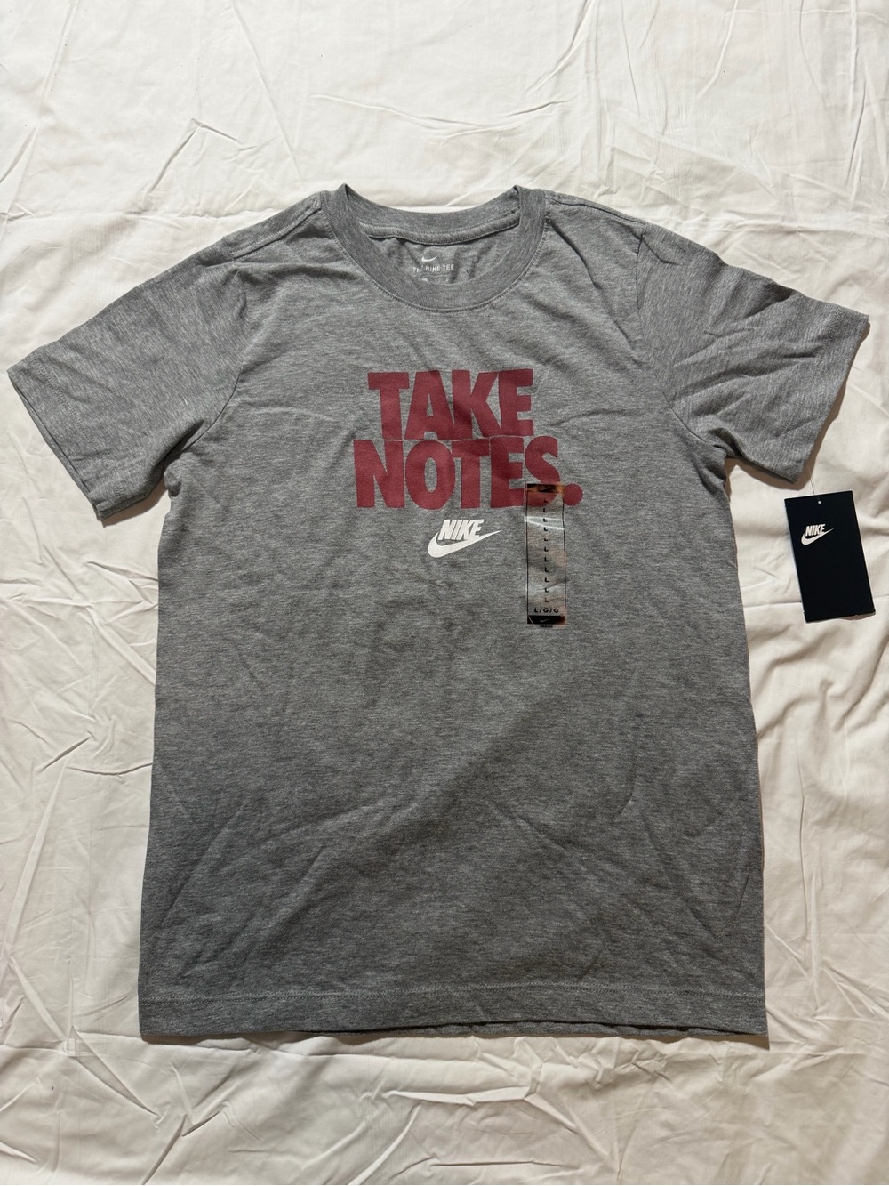 Nike Boys Graphic T-Shirt Gray “Take Notes” Logo Tee Size Large